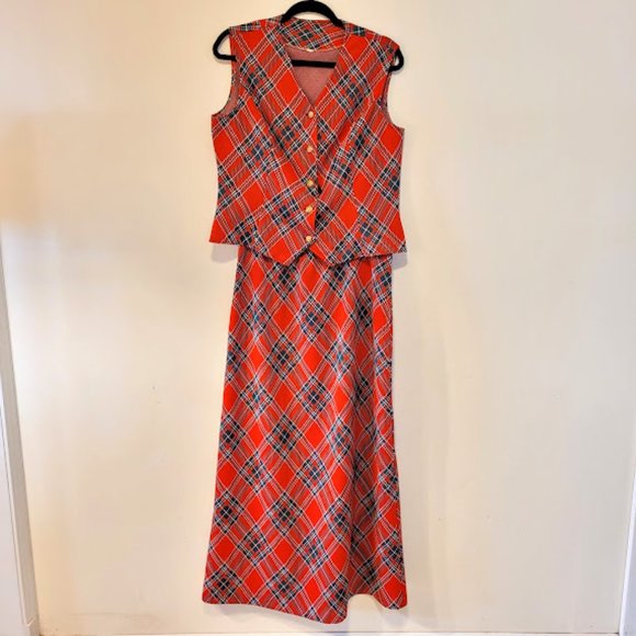 Vintage Dresses & Skirts - Vintage 70s 2 Piece Long Skirt & Vest Plaid Polyester Set Office Gold Academia